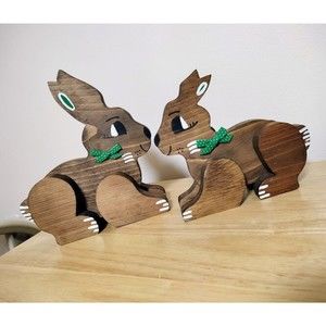 2 Vintage Wood Bunny Rabbits
